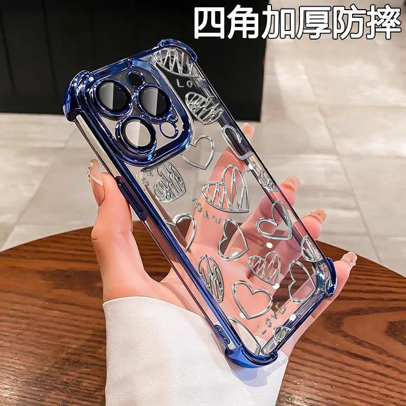 Silver Love Heart Plating Case For Oppo A98 A97 A9 A79 A78 A76 A74 A72 A5 A54 A55 A17 A16 A15 A3 4G 5G Anti-Fall Cover