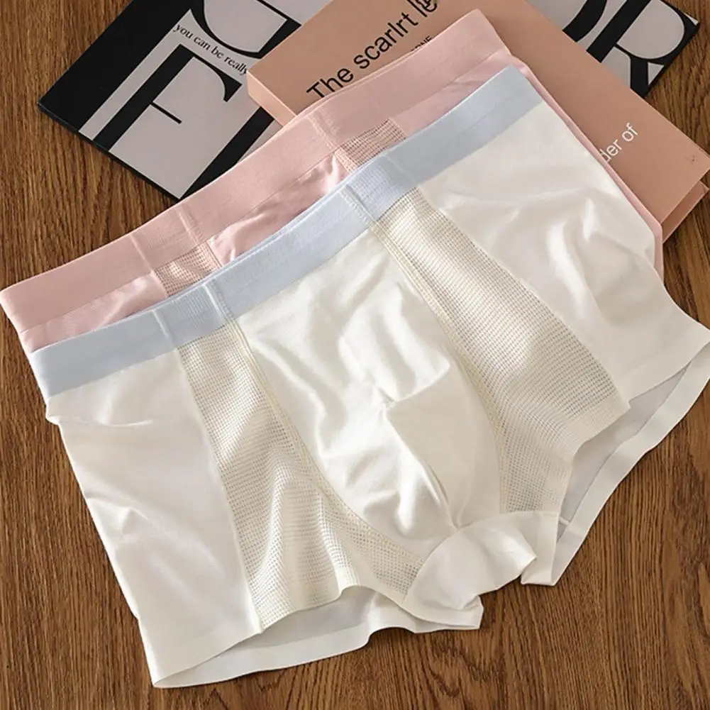 Elastic Waistband Men Boxers Men's Breathable Mesh Boxer Briefs Pure Color Underwear Summer Thin Air Conditioning for Daily
