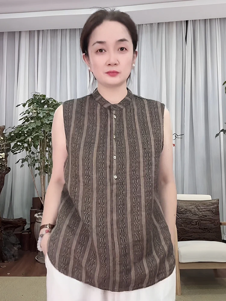 

High-End Linen Vest with Color Woven Tassel Flower Design for Women Svel Striped Retro Sle Casual Wear round Ne