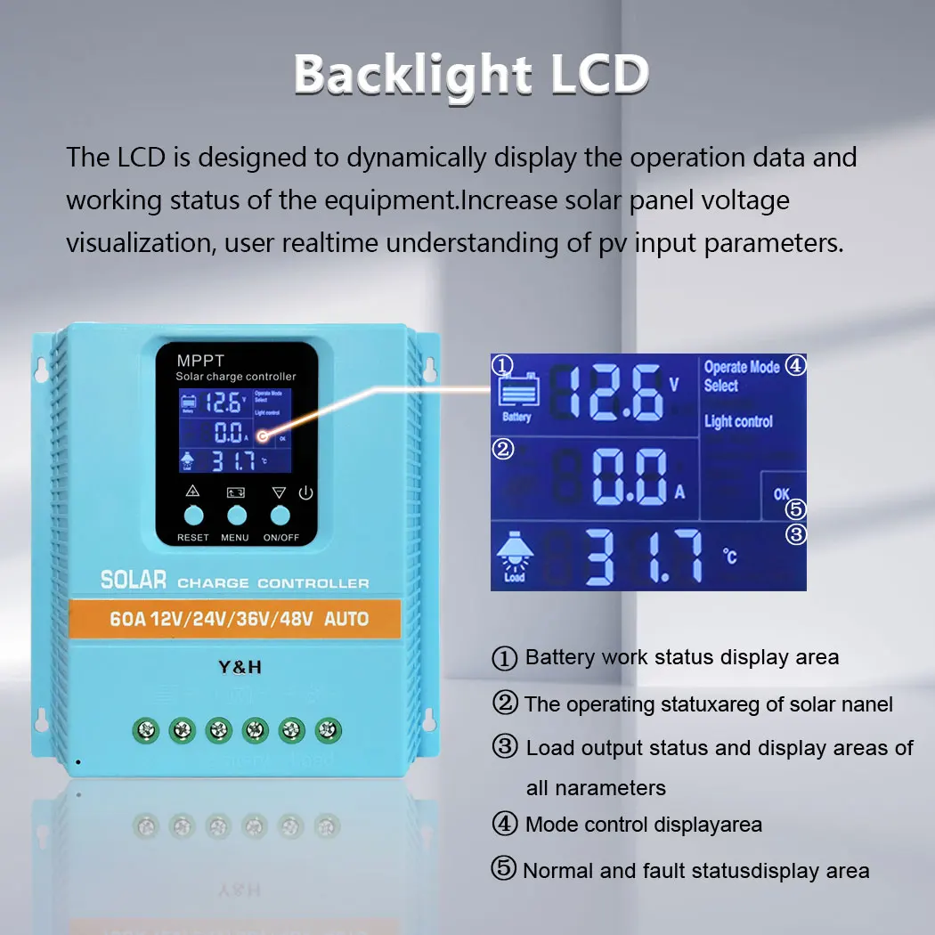 Y&H MPPT 60A 80A 100A Solar Charge Controller 12V 24V 36V 48V LCD Display Solar Panel Battery Intelligent Regulator