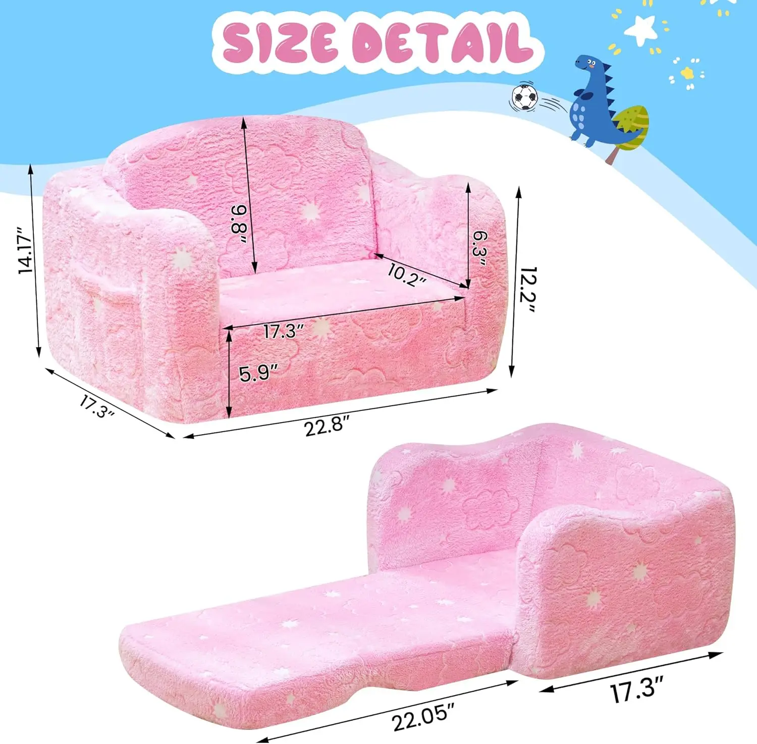 Glow-in-the-Dark Toddler Couch, Foldable Kids Sofa for Playroom, Convertible to Loveseat with Long-Lasting Comfort