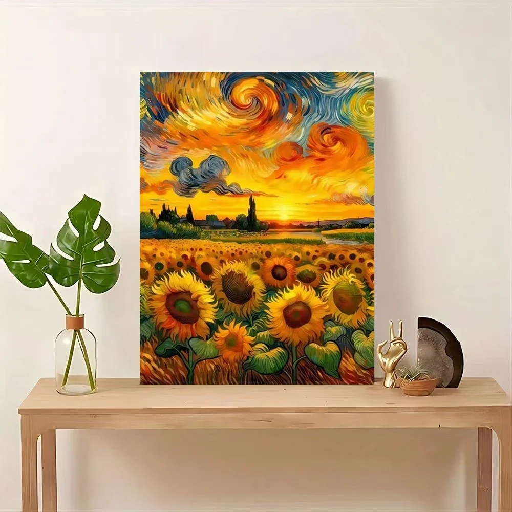 Multiple sizes 1pc frameless Canvas Painting,Van Gogh Sunflower Field At Sunset Poster and Prints Canvas Painting Wall Art Pictu