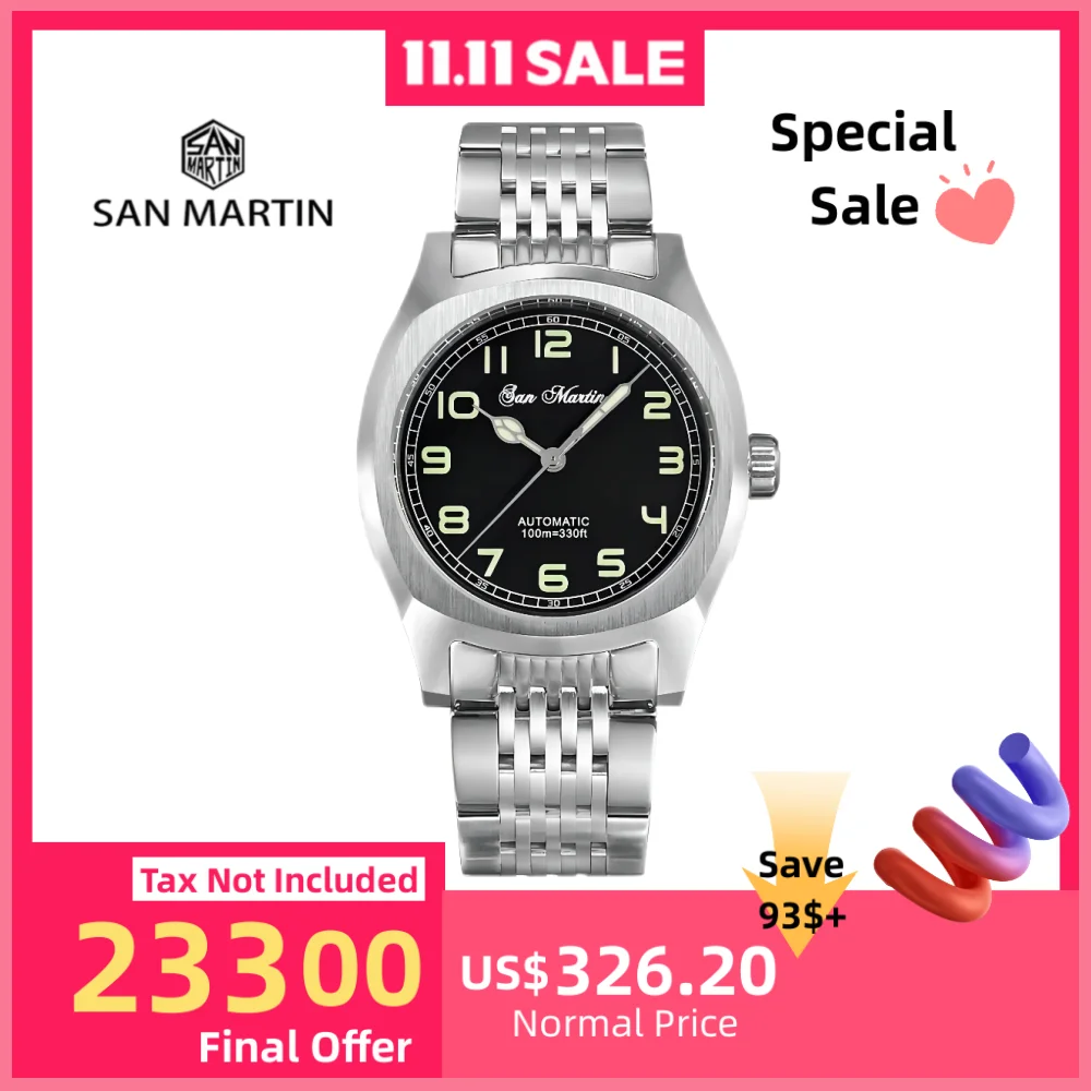 San Martin 38.5mm Military Style Men Mechanical Watches PT5000 Automatic Sapphire Relogio Masculino Waterproof 10Bar SN0026AG