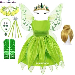 Girls Tinker Bell Costume Halloween Costume Green Fancy Dress Fairy Princess Cosplay Gowns Pixie Fairy Dress with Wings