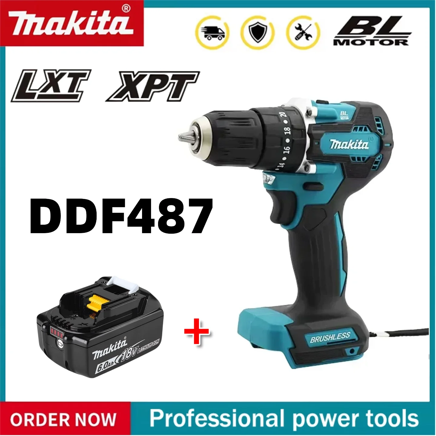 

Makita DDF487 cordless drill brushless electric impact screwdriver equipped with Makita 18V 6AH battery ️rechargeable power tool