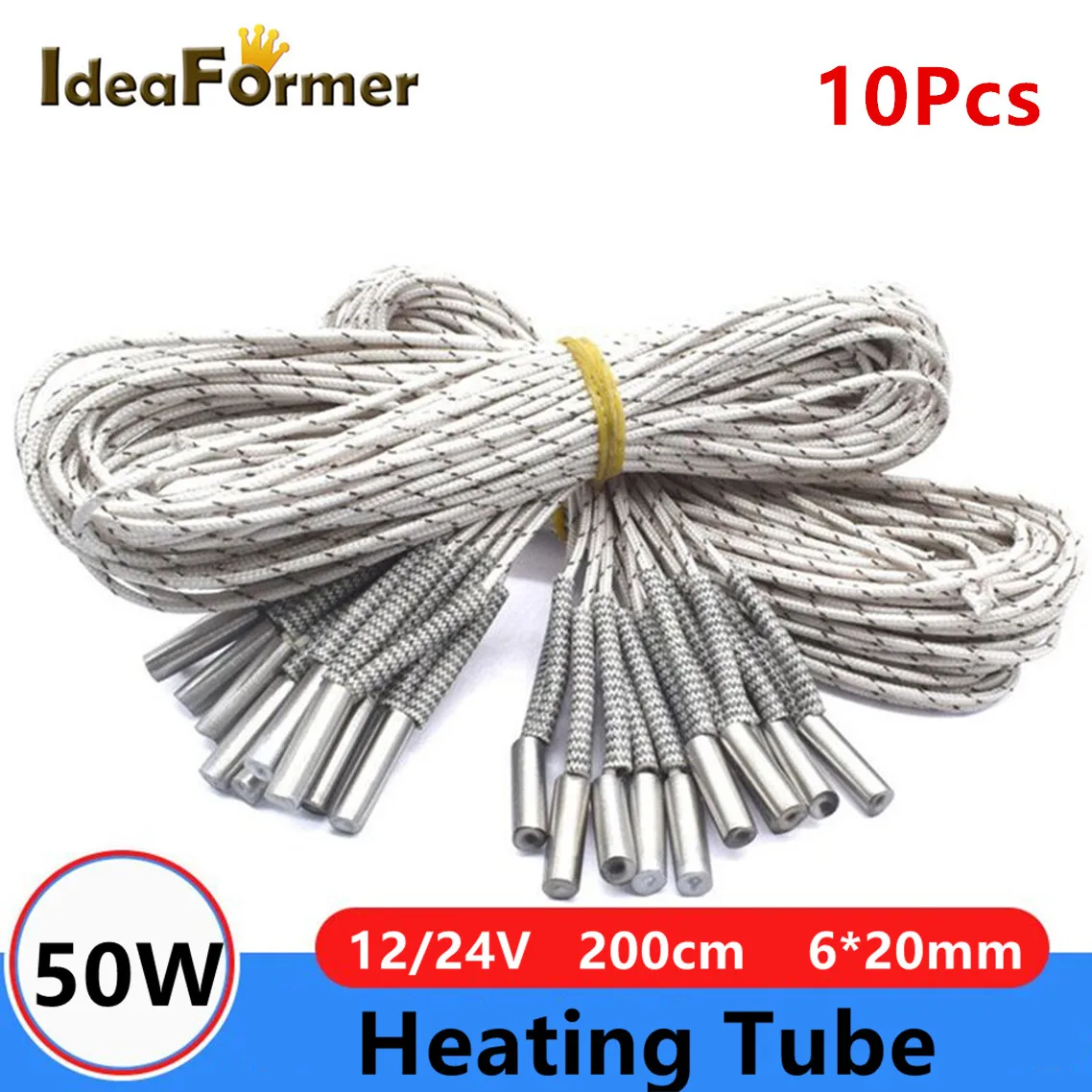 

10Pcs Heating Tube 12/24V 50W Heater Cartridge 200cm Cable 6*20mm For High Temperature V6 Volcano MK8/9 Hotend 3d printer Parts