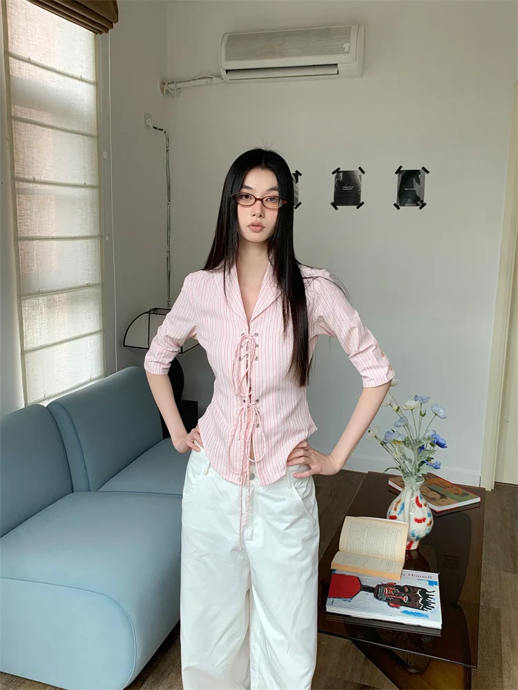 CHEERART Bandage Pink Striped Shirts Women 2024 Summer Tops Half Sleeve Collar Shirt Blouses Office Wear Korean Fashion Clothes