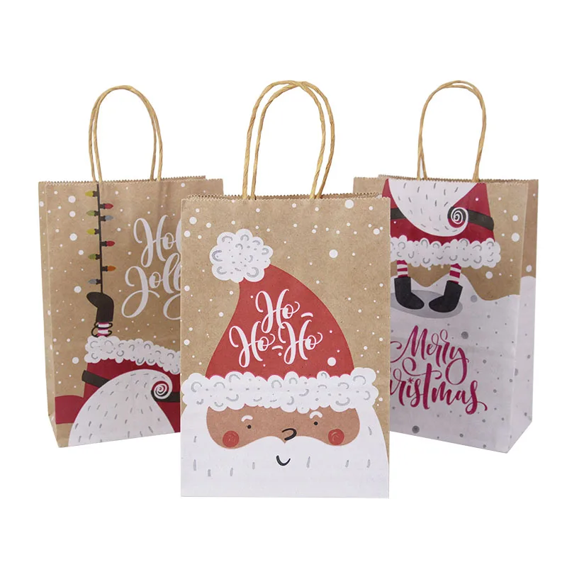 5Pcs Christmas Kraft Gift Bags Santa Snowman Xmas Tree Paper Bag Cake Cookies Candy Package Bag 2024 Xmas Party Favor Gift Bags