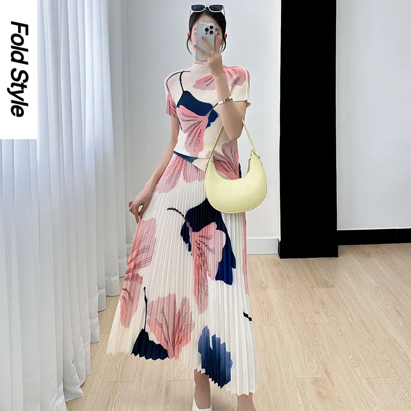 

Miyake Two Piece Set Women's 2024 Summer New Fashion and Fashionable Fashionable Slim Print Half Skirt Pleated French Set Skirt