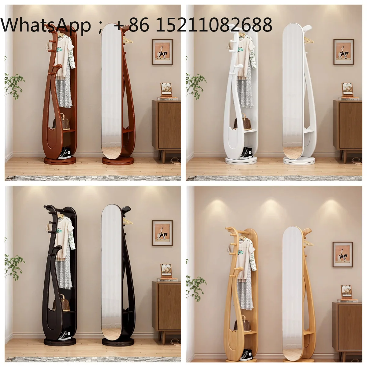 SCY household full-body full-length mirror hanger integrated solid wood rotatable storage simple coat rack