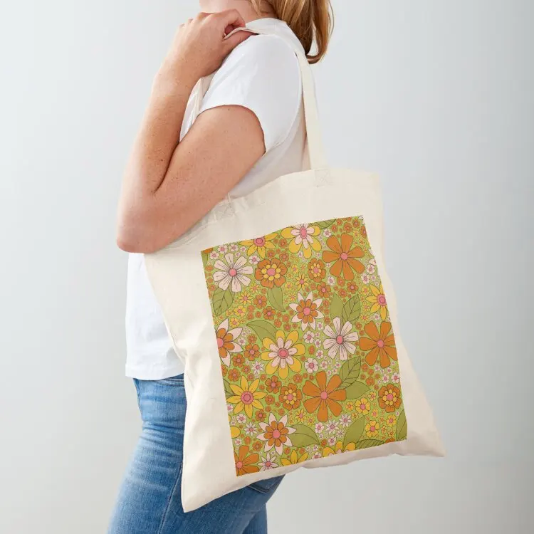 1960s, 1970s Retro Floral in Green, Pink & Orange - Flower Power Tote Bag reusable grocery bags bag luxury women handbag