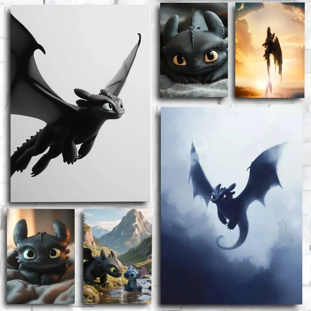 Affiche autocollante en papier imperméable, 1 pièce, motif dessin animé mignon T-Toothless, décoration murale pour café, Bar, chambre