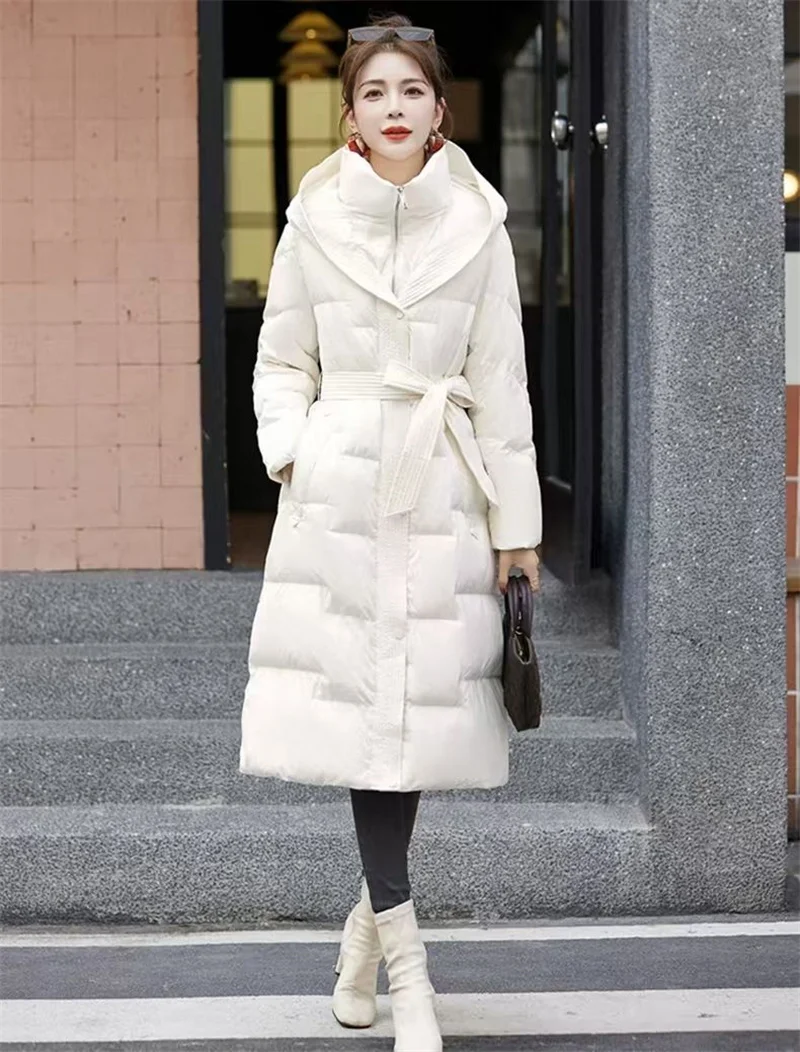

Пуховик на белом утином пуху, женский длинный стиль, высококачественный зимний новый стиль, модная прилегающая талия, шнуровка, эффект похудения