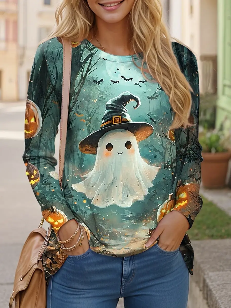 

Women's All-match Halloween Shirt 3D Printed Little Ghost Pumpkin Combination Print Round Neck Long Sleeve Polyester Fabric Top