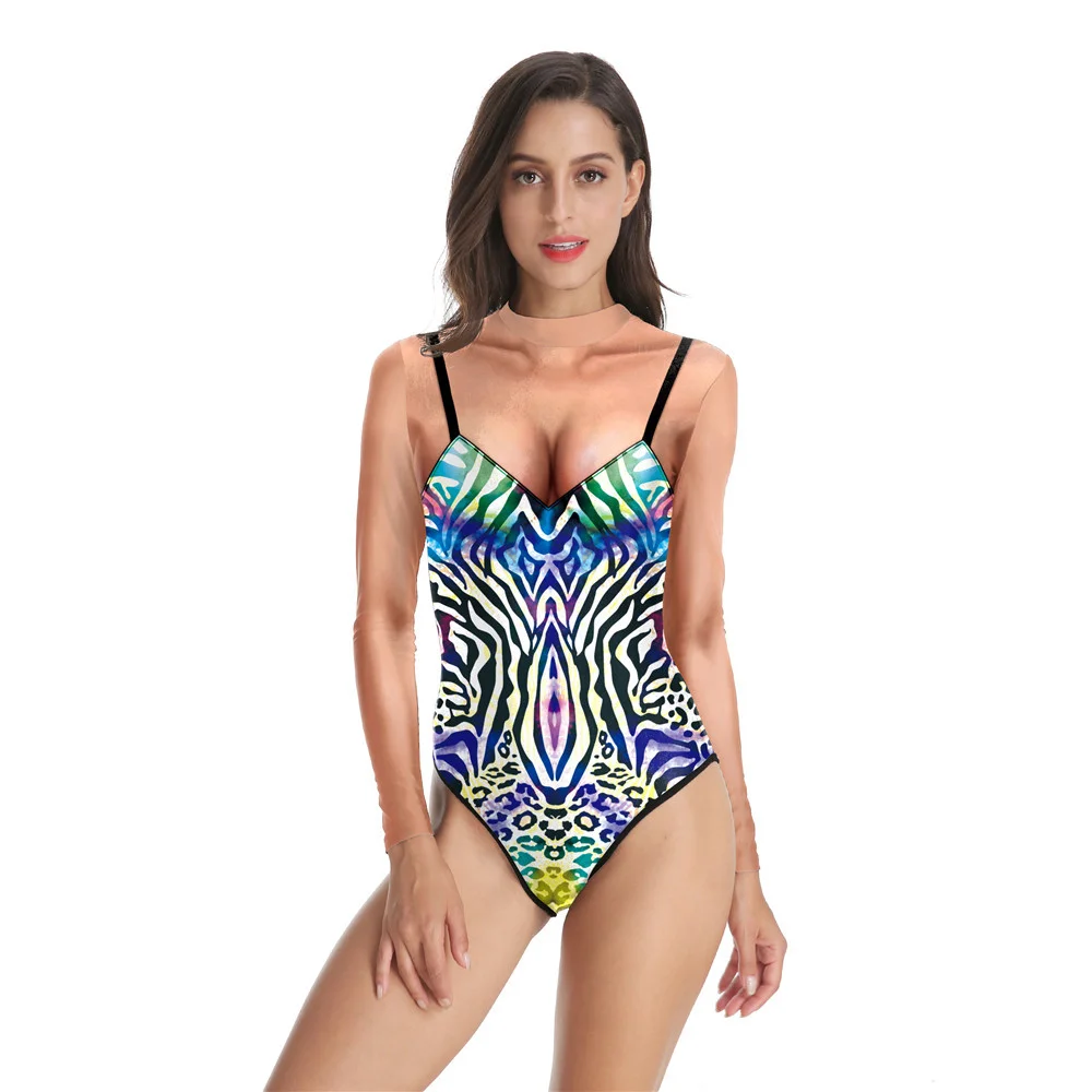 IOOTIANY Leopard Grain Together Fashion Print Zipper Bodysuits Swimsuit Long Sleeve Summer Swimwear Women Bathing Suit 2024