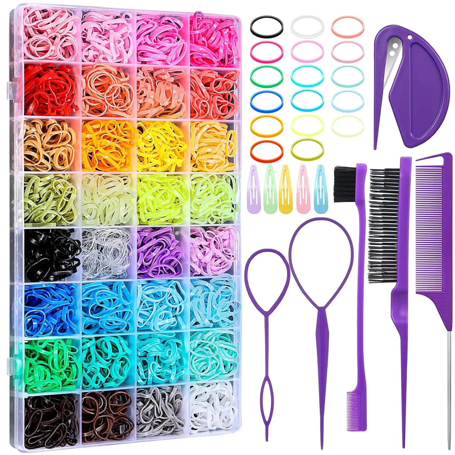 

32 Colors Small Hair Rubber Bands with 16 Styling Tools, 2000 Pcs Elastic Girl Baby Hair Ties, Mini Bands with Elastic Cutter, H