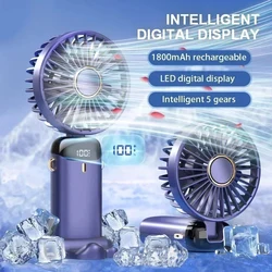 Handheld Mini Fan 3000mAh Foldable Portable Desk Outdoor Neck Hanging 5 Speed USB Rechargeable Fan Phone Stand Display Screen