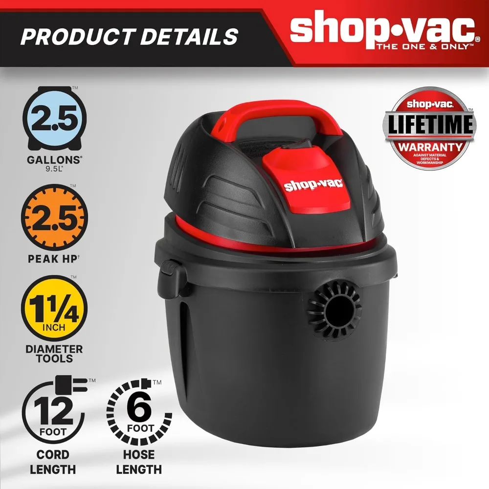 Shop-Vac 9303511 Aspirapolvere a secco e umido da 2,5 galloni, HP di picco da 2,5, diametro 1,25 pollici x tubo da 4 piedi, lunghezza cavo da 12 piedi, montaggio a parete, incluso