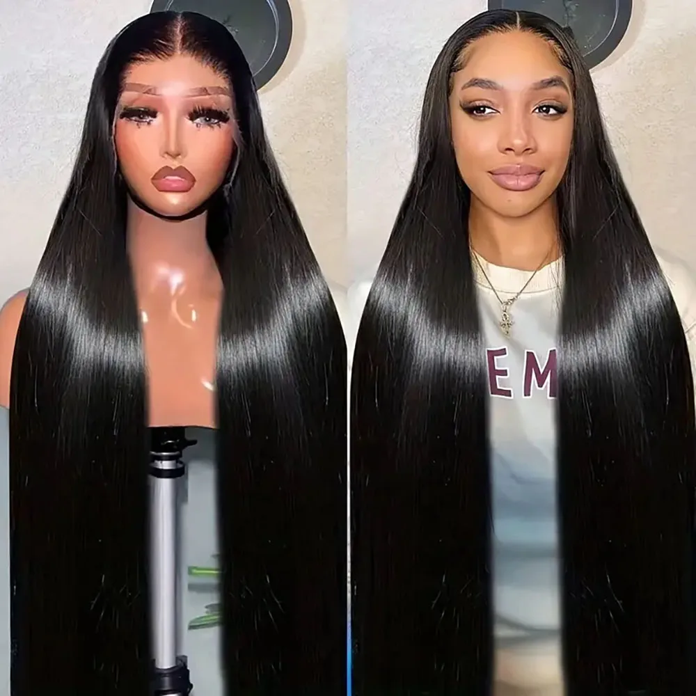 Parrucca in pizzo trasparente 13x4 per capelli umani Parrucche diritte Pre pizzicate Parrucche di colore nero naturale con densità del 200% per le donne