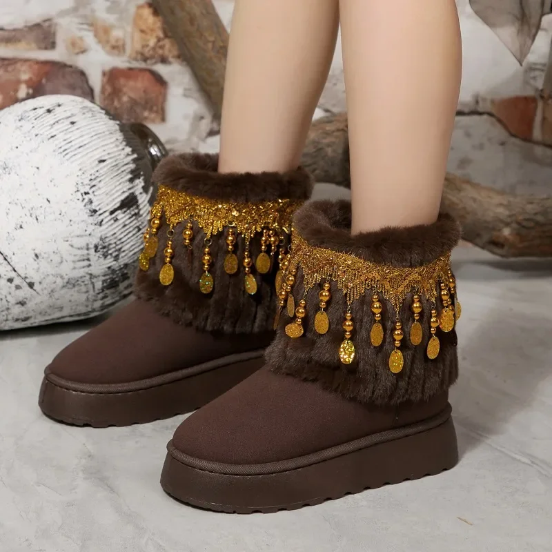 Winter New Round Toe Suede Tassel Sequin Cover Foot Warm Platform Non-Slip Wear-Resistant Flat Snow Boots Plus Size 41 42 43