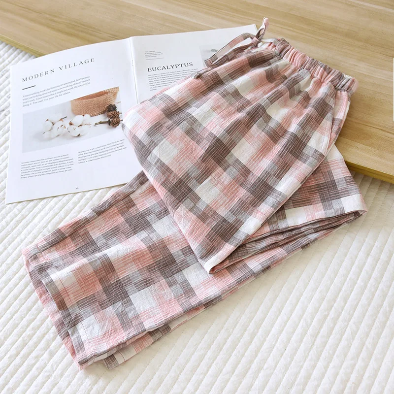 2024 Japanese Spring and Autumn Women\'s All Cotton Pajama Pants Simple Plaid Pants Thin Loose Women\'s Straight Home Pants