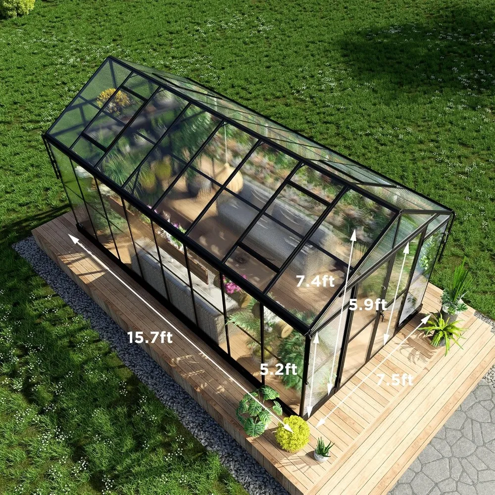 8x16x7.5 FT Polycarbonate Greenhouse with Swing Doors, 4 Vents, 5.2FT Added Wall Height, Walk-in Large Aluminum, Custom