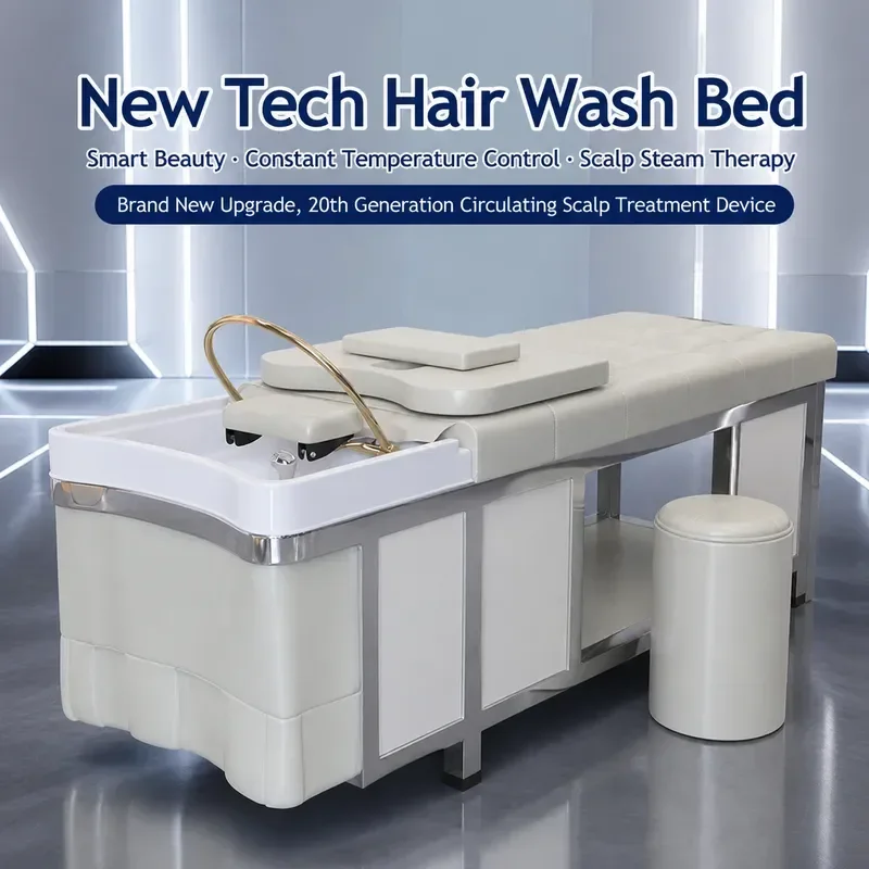 Stainless Steel Hair Treatment Shampoo Bed with Constant Temperature Water Circulation Heater Flush System for Barber Shop