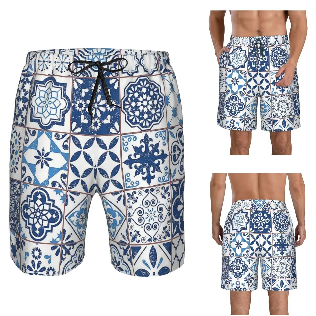 Portuguese Azulejos Trunks Beach Board Shorts Casual Quick Dry Swimming Summer Men Pants