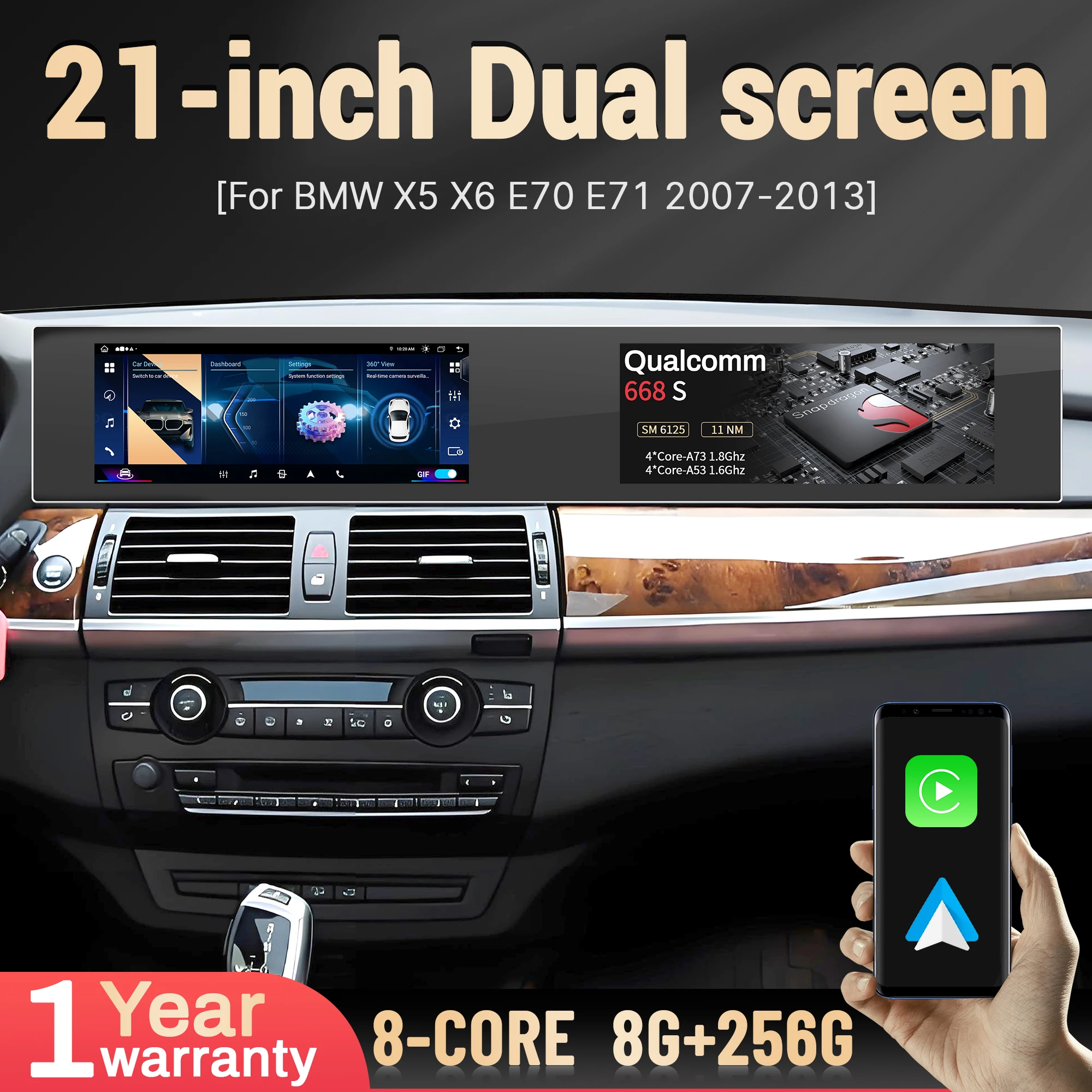

21 inch For BMW X5 X6 E70 E71 2007-2013 Android Radio Wireless Apple Bluetooth Carplay Multimedia Touch Screen Stereo