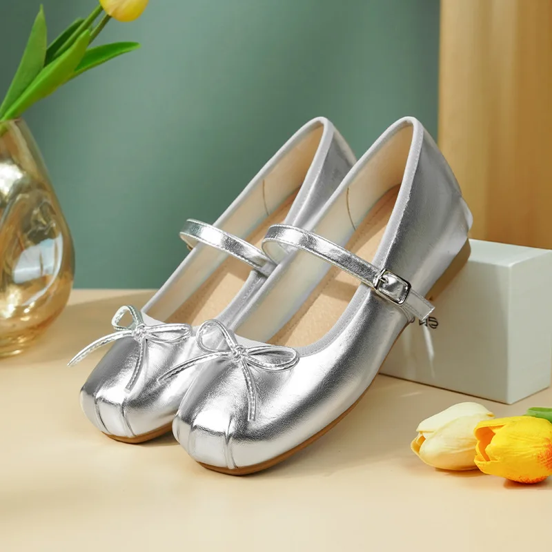 Elevated Butterfly Knot Mary Jane Shoes Women's Ballet Flats Casual Shoe Mid Heel Rubber Outsole Pure Color Summer Shoe
