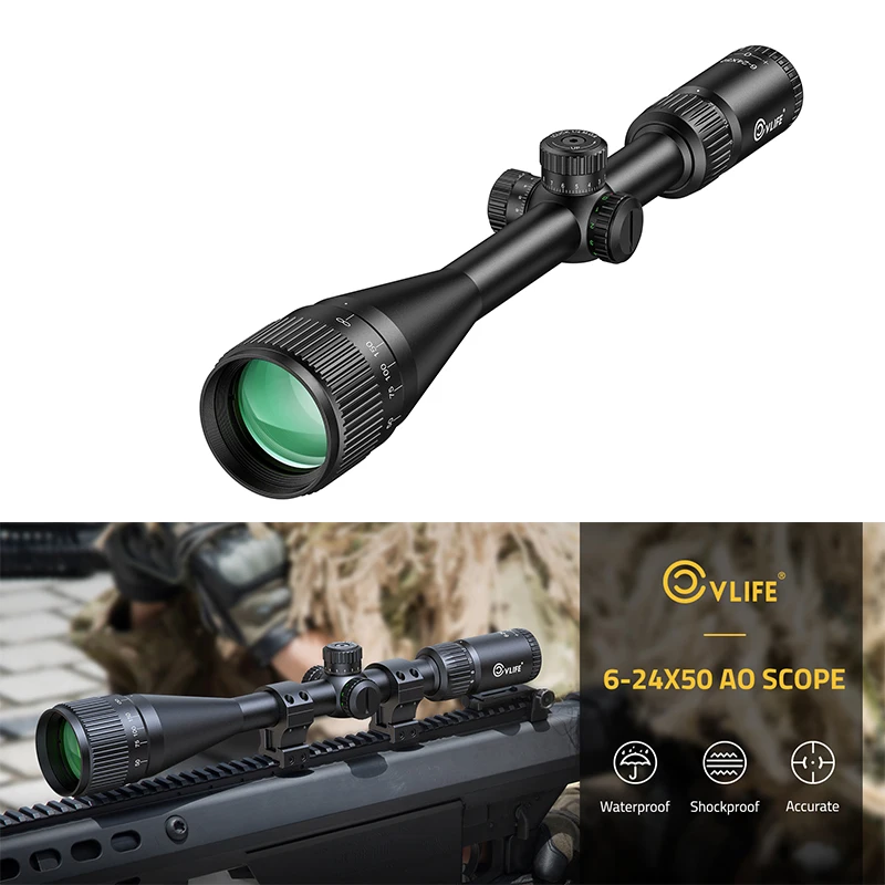 

CVLIFE 6-24x50 AO Rifle Scope Optics Sights Red Green Illuminated Mil-Dot Reticle 1 Inch Tube SFP Long Range Riflescope Aluminum