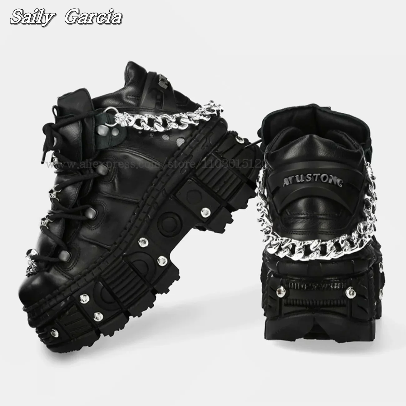 Leathe Metal Chain Chunky Heel Motorcycle Boots Punk Style Size 35-45 Front Lace Up Boots Gothic Y2k 8CM Heel Boots