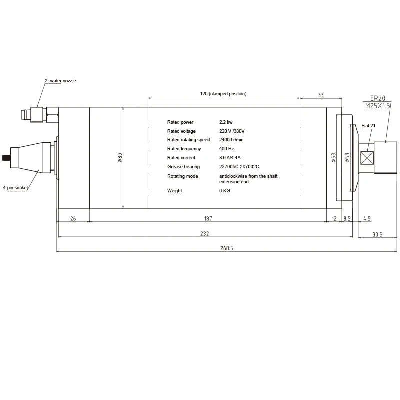 HQD GDZ-23 2,2 kW poros Motor berpendingin air 80mm ER20 4 bantalan 235mm poros Cnc 2,2 KW