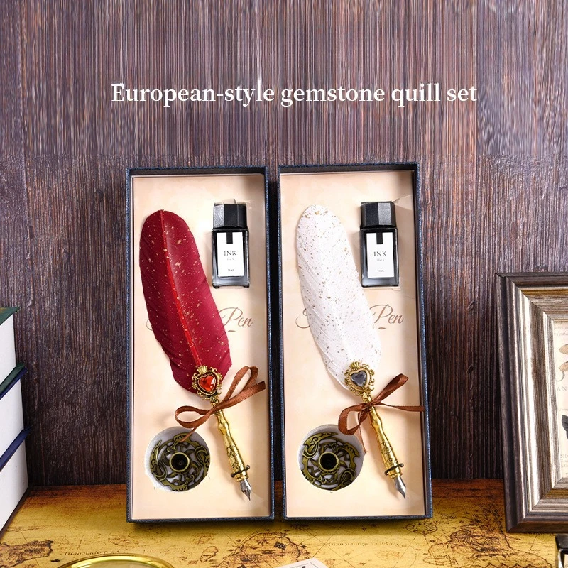3 unids/set de pluma de inmersión de pluma de piedra preciosa, incluye Base de pluma, tinta, pluma de escritura para caligrafía, caja de regalo, regalo creativo