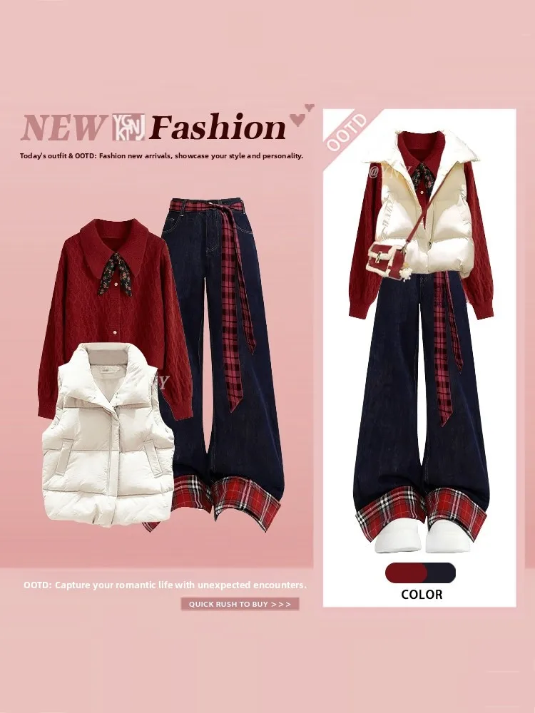 

Winter Faion Knitted Sweater Vest And Jeans Tee-Piece Set for Women Red Color Age-Defng Clothing Ensemble for New Year