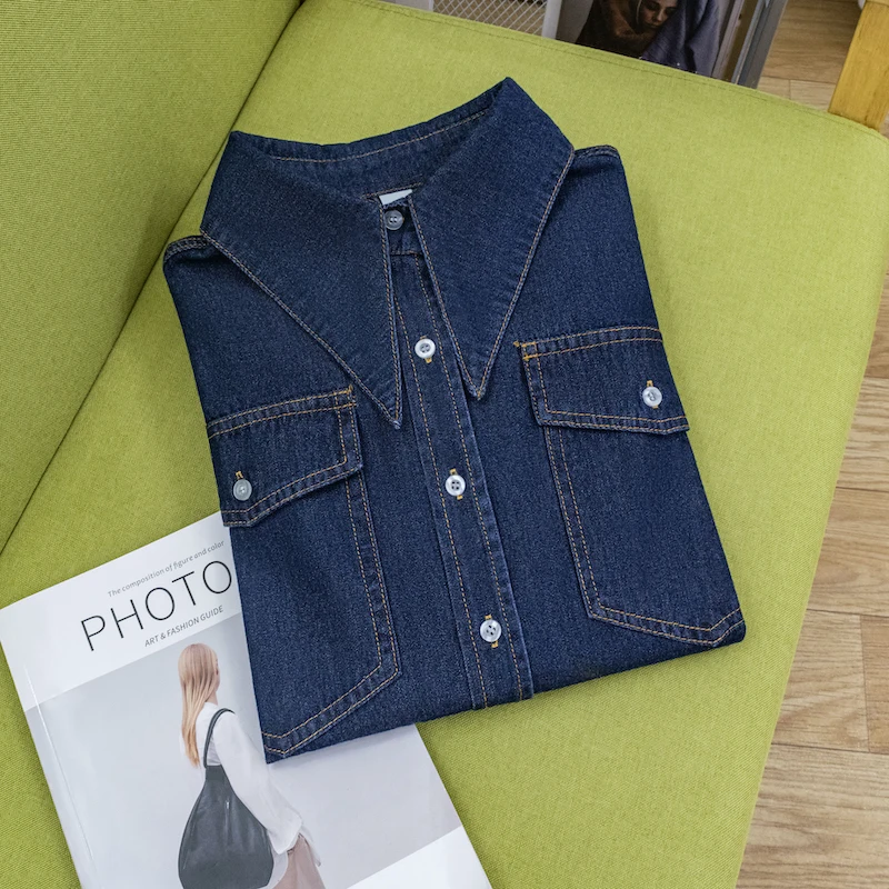 

Women's Long Sve Denim irt Coat Doll Collar Large Pointed Collar Spring Autumn New Sle Mid-Length Button-Up Top