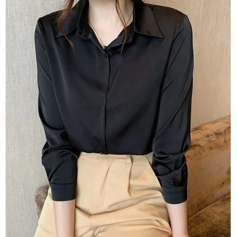 Camicia professionale in Chiffon nero da donna a maniche lunghe con scollo a Polo con temperamento solido Top primavera autunno nuova moda