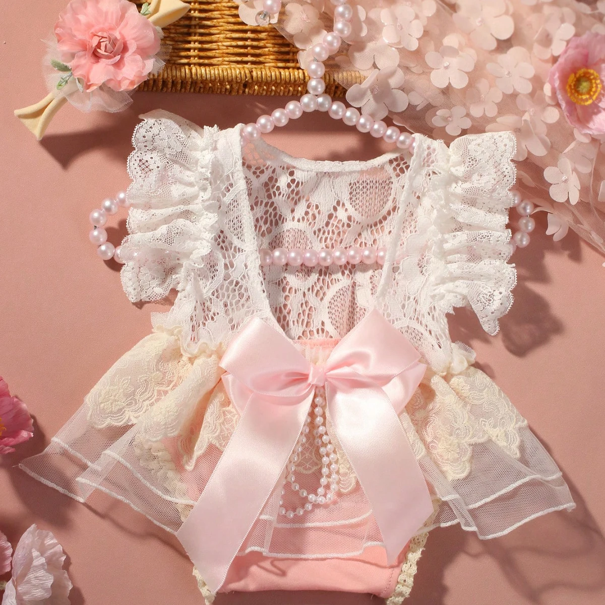Ylsteed Baby Girl Lace Romper Photoshooting Outfits with Headband Newborn Photography Props
