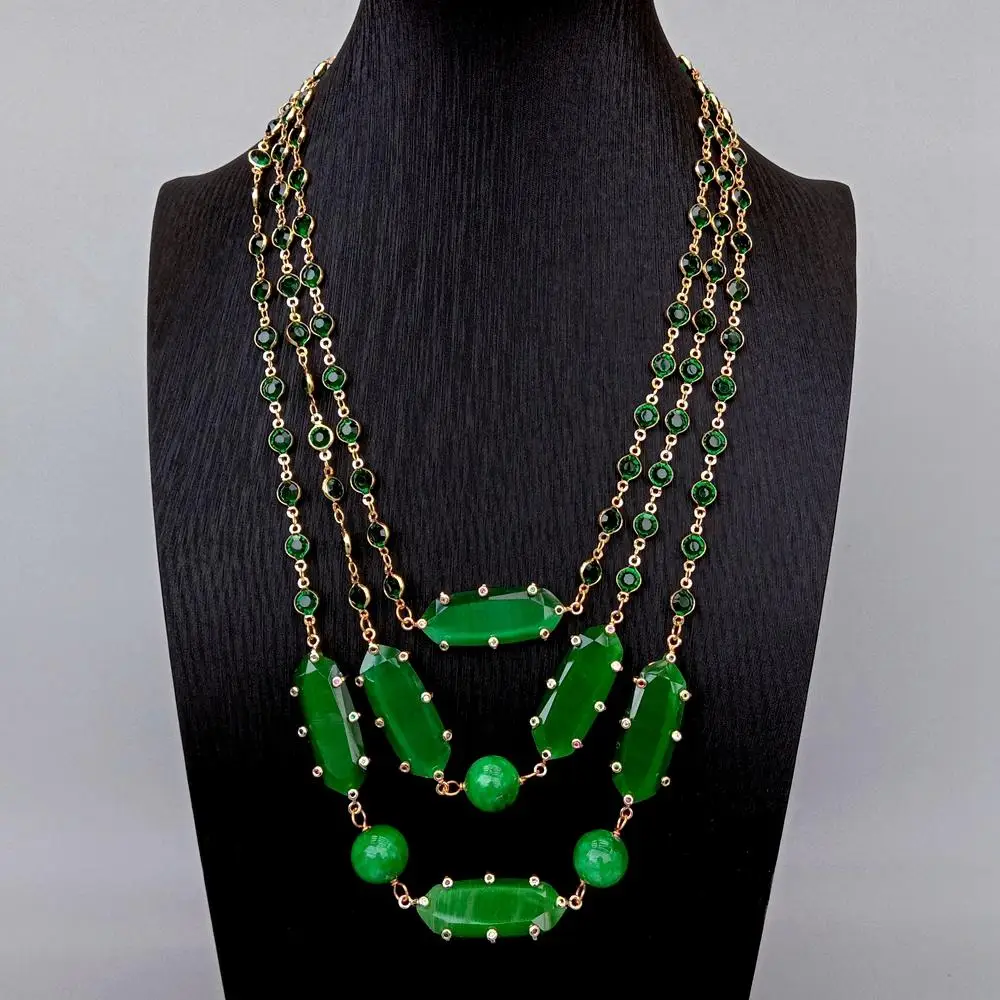 

3 нити зеленого, круглого нефрита, зеленого кошачьего глаза, прямоугольное зеленое ожерелье с цирконием, 20 дюймов
