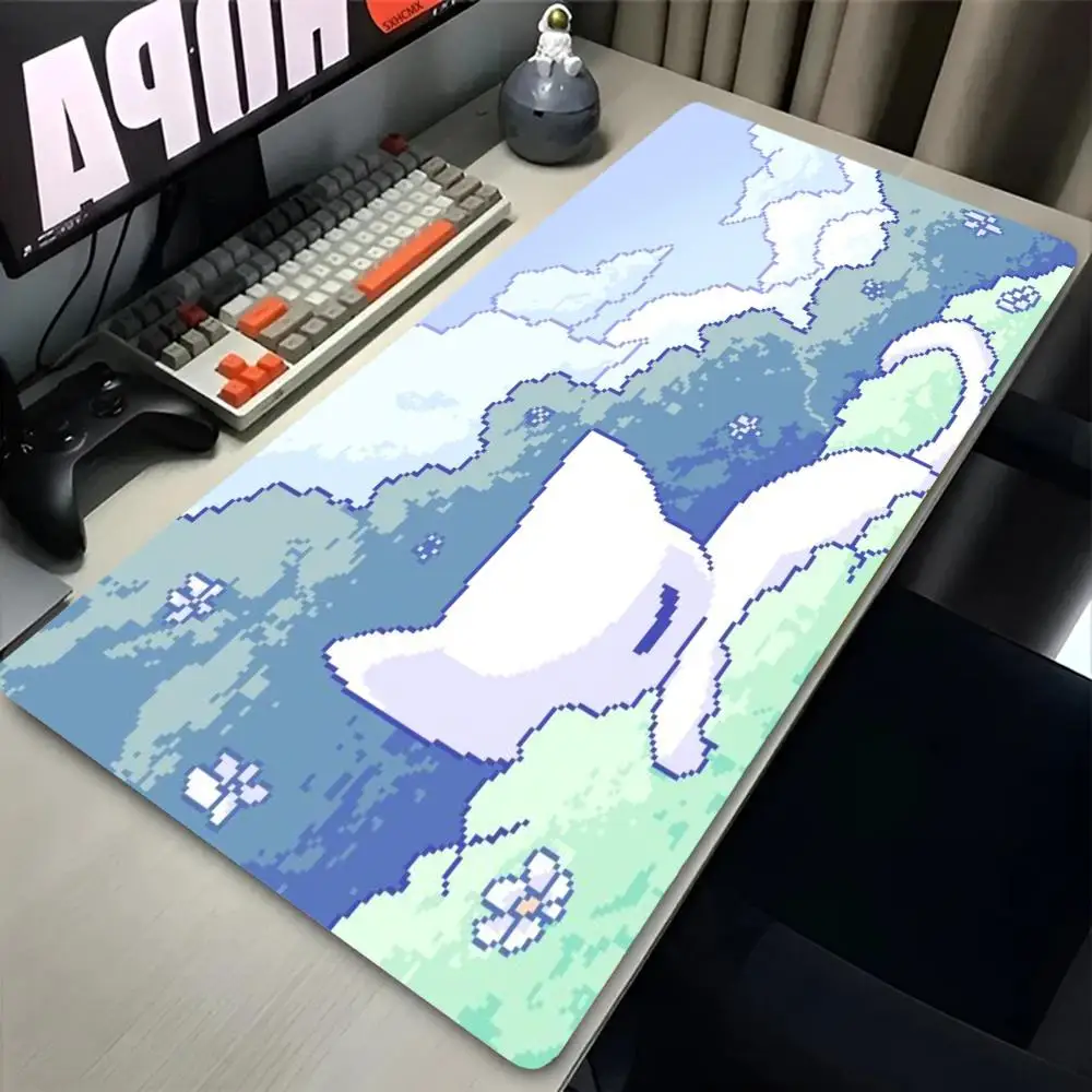 Anime Playmat Pixel White Cat Dreamy Cloud Forest Art Mousepad Large Size For Keyboard Accessories Laptop Mat