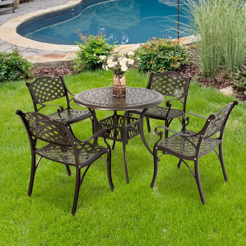 

5 Piece Patio Bistro Set，Cast Aluminum Antique Copper Outdoor Furniture Round Bar Height Dining Table and Swivel Chairs