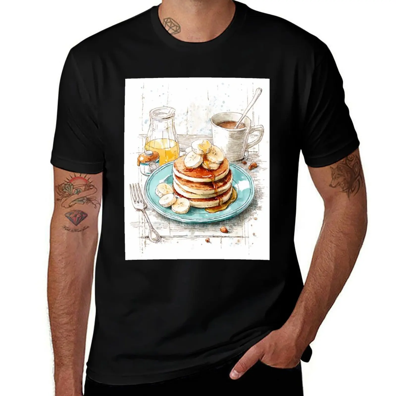 Camiseta de acuarela con estilo de boceto, cartel de cocina de hacer Banana Pancake, camisetas esenciales, camisetas de algodón para hombres