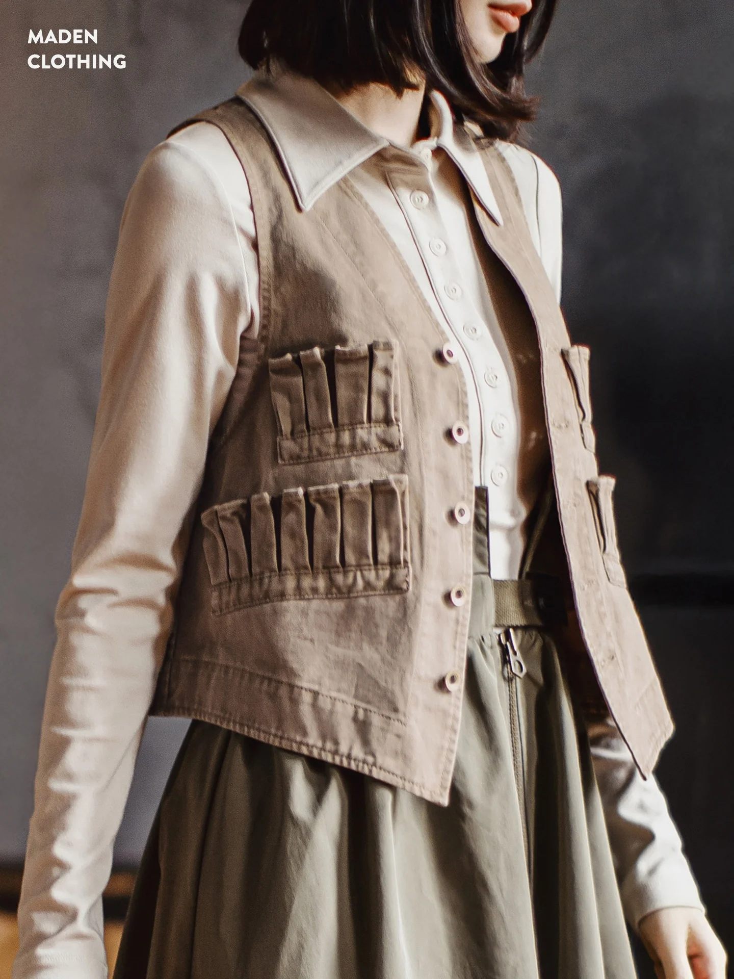 

Maden Retro Workwear Jaet Women's Svel V-Ne Multi-ket Vest Canvas Cotton Vintage Sle Autumn Top