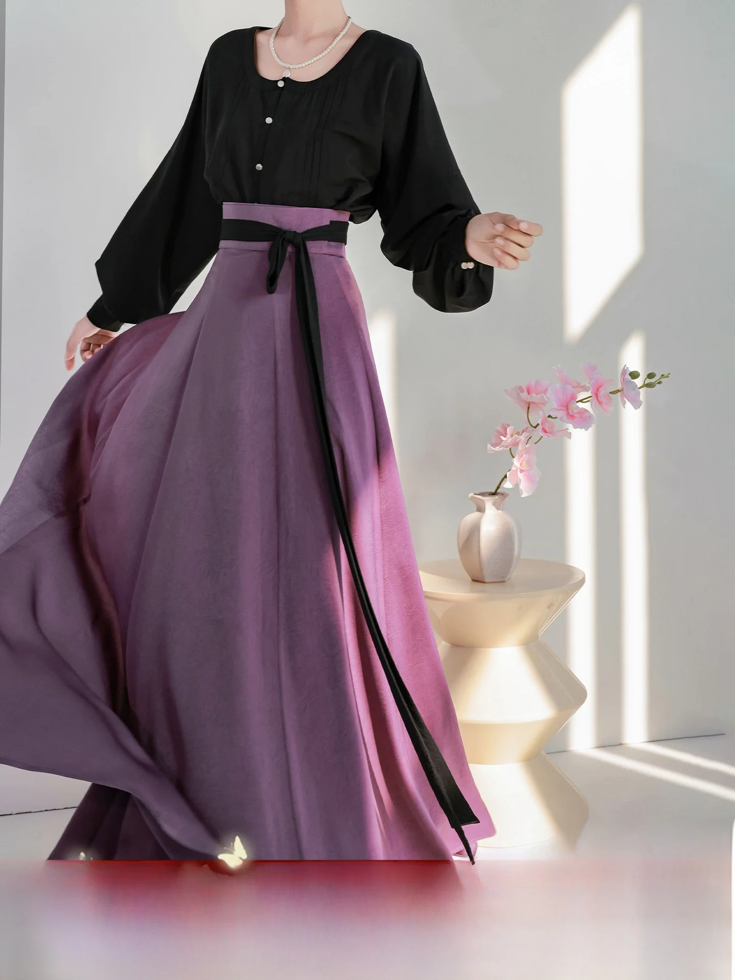 

Оригинальное осеннее китайское платье-ханьфу с воротником, цельное, с десятью разрезами, из хлопка и нейлона, с завышенной талией, женская одежда