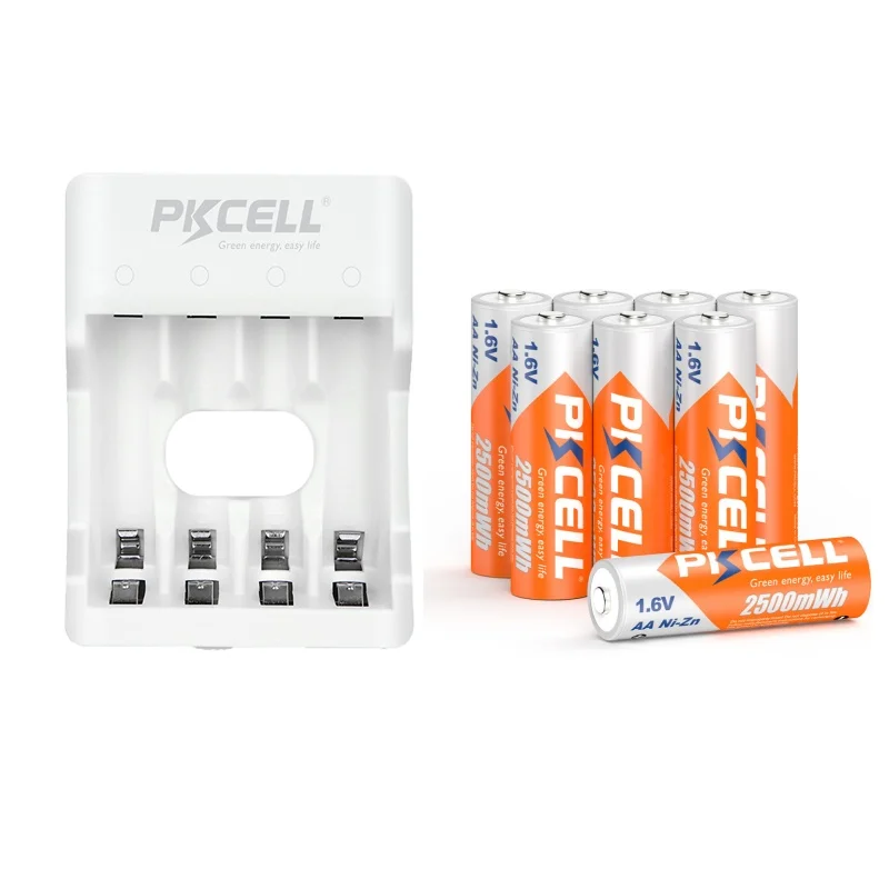 

8PC PKCELL NIZN AA Batteries AA Rechargeable Battery 2500mWh 1.6V Packed with NI-ZN Battery Charger For 2-4PC AA/AAA battery