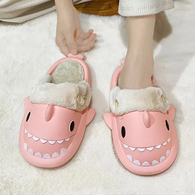 Fashion Button Removable Liner Shark Slippers Woman Home Plush Non-slip Slides Men Warm Waterproof Sandals Adults Cute EVA Shoes