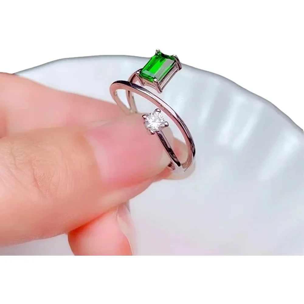 

KJJEAXCMY-Pure Silver Ring for Women, Natural Diopside, Rectangle, Adjustable Gem, Fine Jewelry, Chinese Style, Popular Fashion