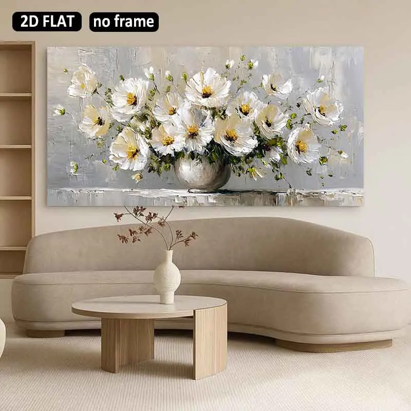 [2D Flat]1pc 23.62*47.24in/60*120cm UnFramed Canvas Wall Art Mural White Flower Bouquet Painting Home