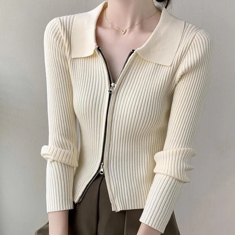 2024 Women Spring Sweater Knit Drouble Zip Design Sexy Slim Cardigans Turn Down Collar Sweater Casual Korean Fashion Tops