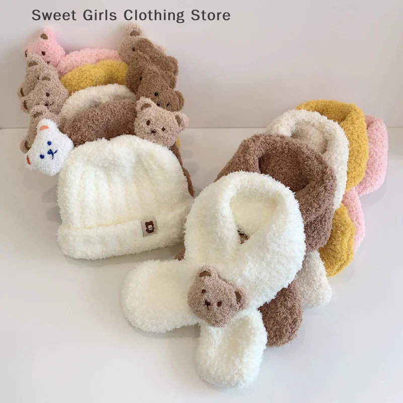 【XJY】وشاح قبعة للأطفال للفتيات والأولاد مجموعة شتوية دافئة على شكل دب كرتوني ملابس مقاومة للبرودة للأطفال وشاح قبعة بدون إطار